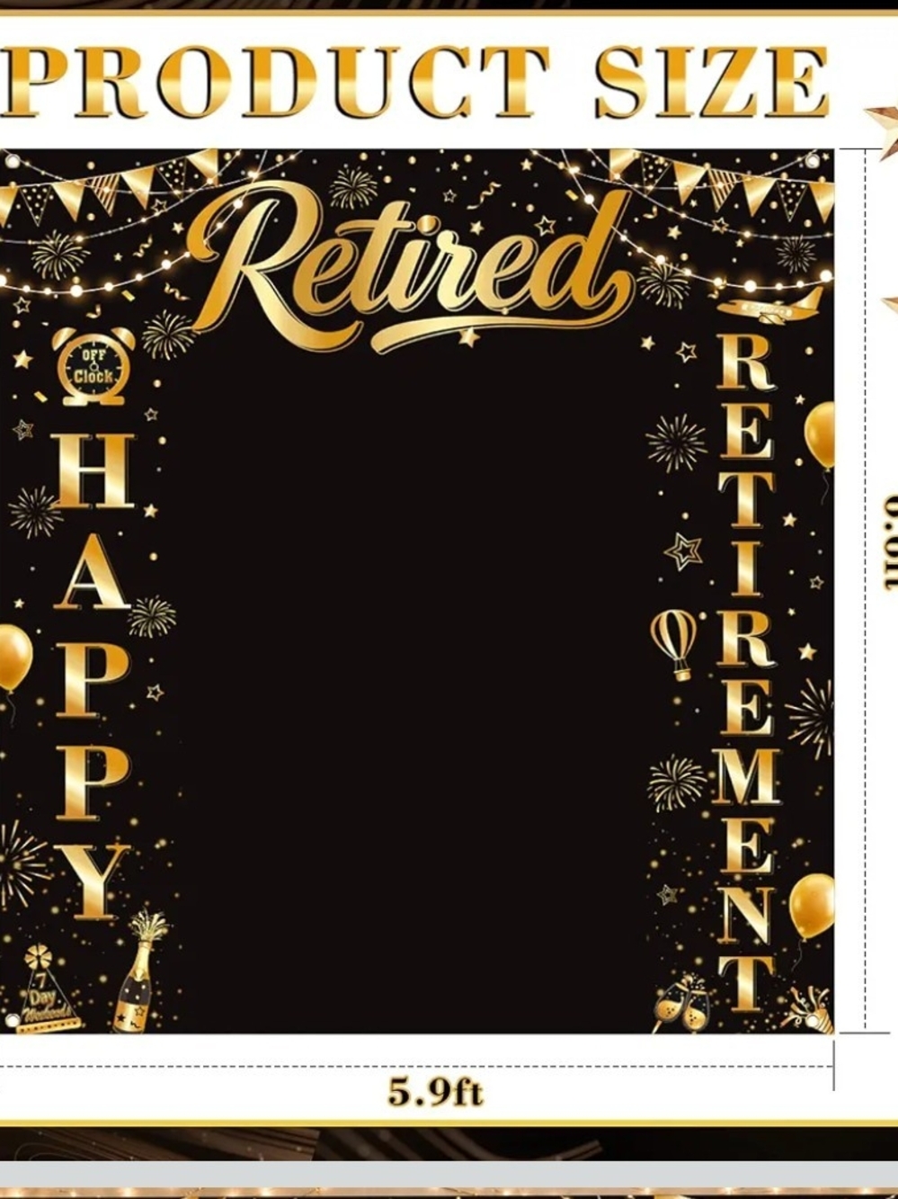 Retired Happy Retirement Backdrop - Gold on Black